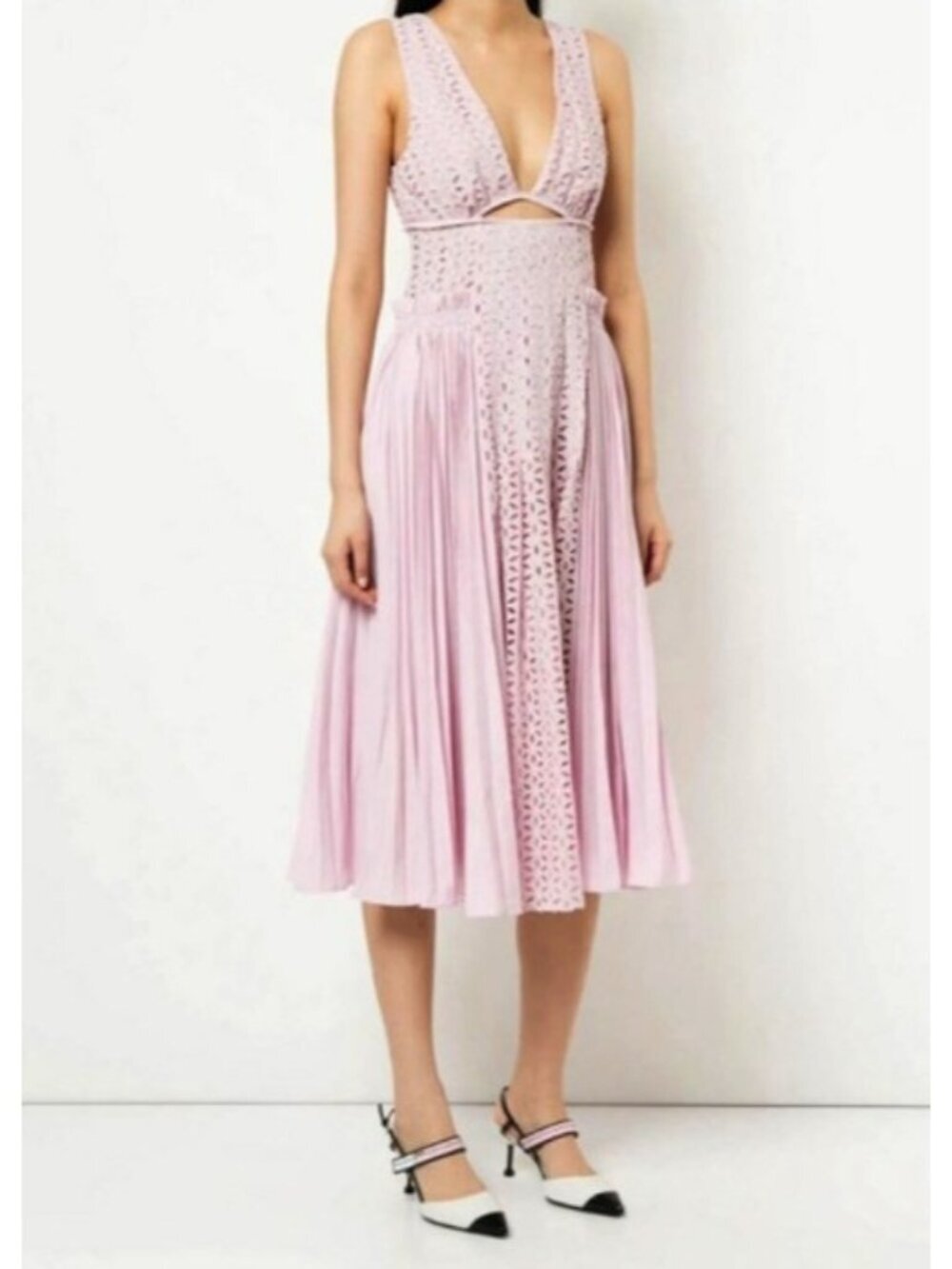Self-Portrait Pink Pleated Lace Midi Dress UK 6 US 2 Cutout Sleeveless Romantic